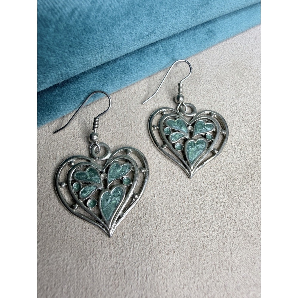 Silver Tone Pewter Look Openwork Heart Dangle Drop Earrings Sage Green